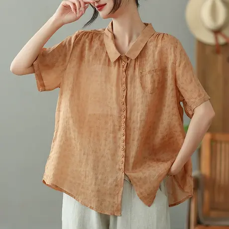dza 复古口袋苎麻衬衫女2023夏薄款短袖衬衣宽松显瘦棉麻开衫上衣图片