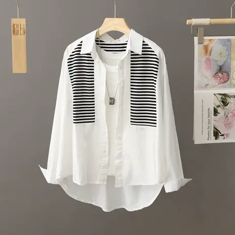 前短后长条纹白色衬衫女设计感小众上衣洋气春秋薄款外套衬衣开衫图片