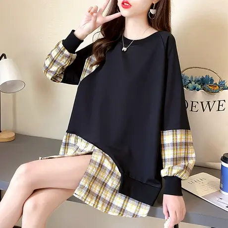 早秋格子卫衣女春秋季韩版宽松假两件上衣ins薄款初秋盐系外套潮商品大图