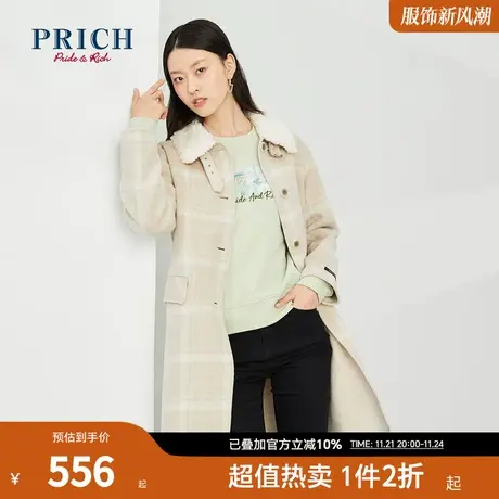 PRICH冬季羊毛混纺中长款格子毛领设计感百搭毛呢外套女商品大图