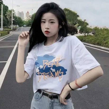 辣妹白色短袖t恤女夏季宽松设计感小众高腰显瘦露脐短款上衣ins潮商品大图