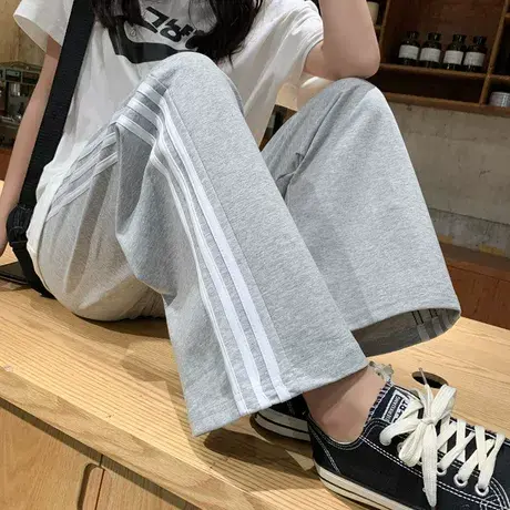 灰色运动裤女宽松直筒夏季薄款显瘦百搭纯棉高腰垂感休闲阔腿裤潮图片