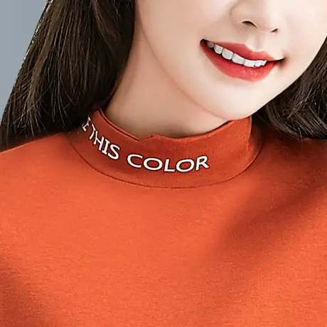 橙桔橘艳红色小中半高领打底衫女领口印花春秋外穿中年妈妈内搭图片