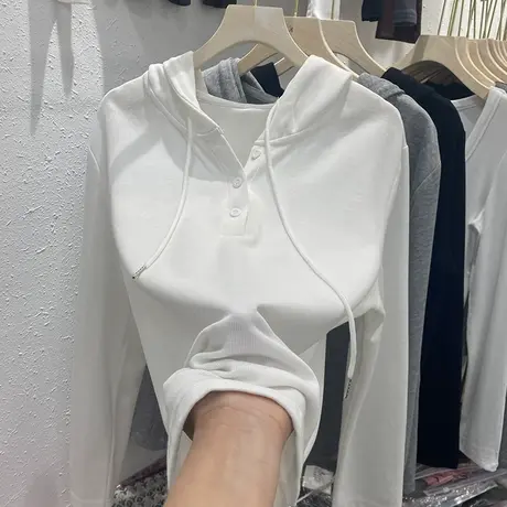 长袖T恤女2023春秋新款洋气休闲薄款带帽卫衣修身打底连帽衫上衣t商品大图