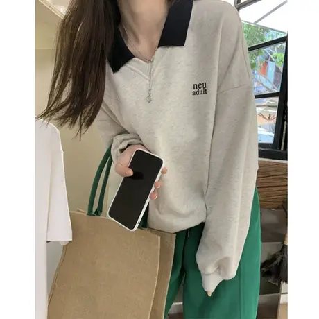 V领POLO衫卫衣女春季韩版宽松百搭设计感小众别致学生上衣外套潮商品大图