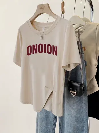 港风短袖女夏不规则下摆开叉ins潮牌宽松显瘦T恤辣妹纯欲穿搭上衣商品大图