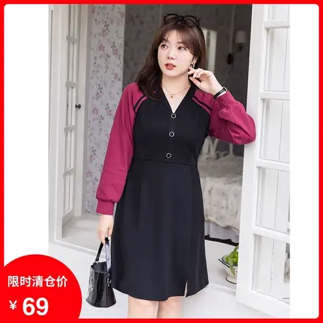 显瘦大码胖MM针织假两件连衣裙2023年秋季新款V领休闲开衩A字短裙商品大图