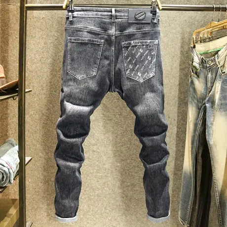 秋季新款牛仔裤男潮牌韩版百搭修身小脚裤黑灰色高端印花直筒长裤商品大图