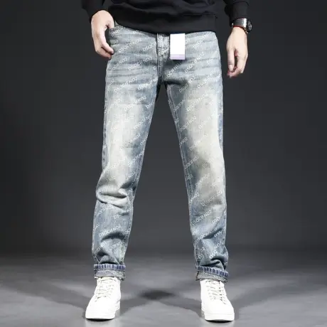 秋季美式复古牛仔裤男直筒宽松潮牌2023新款印花潮流休闲男士裤子商品大图