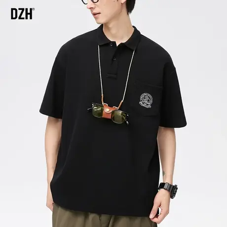 男士黑色徽章印花短袖男polo衫夏季男款校园风上衣2023新款重磅t商品大图