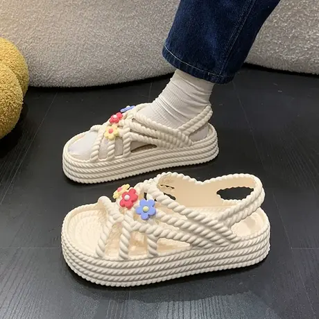 可爱花花凉鞋女夏季外穿2023年新款厚底松糕百搭海边沙滩罗马鞋子商品大图