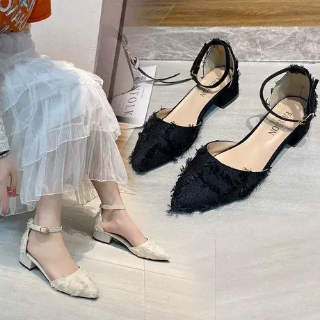 包头凉鞋女仙女风2023新款百搭中跟单鞋配裙子尖头小跟鞋夏季粗跟商品大图