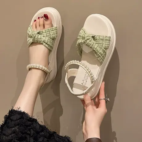 凉鞋女小香风平底蝴蝶结防水台鱼嘴凉鞋2023夏季新款罗马鞋孕妇鞋商品大图