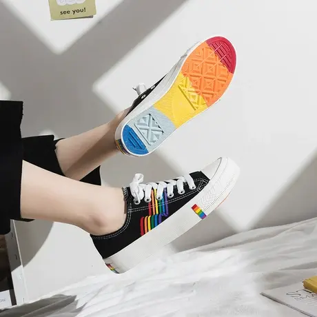 彩虹底帆布鞋女2020新款韩版潮鞋ins亮片百搭学生泫雅风鸳鸯板鞋商品大图