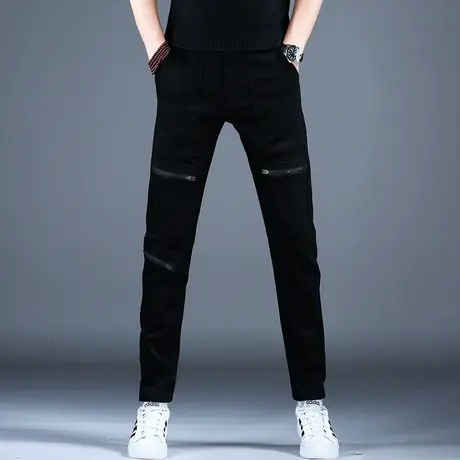 秋冬款拉链黑色牛仔裤男款小脚裤子潮流男士2023新款九分厚款休闲商品大图