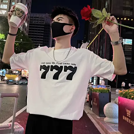 2023夏季男士t恤打底衫短袖宽松半袖潮牌潮流数字印花半截袖体恤商品大图