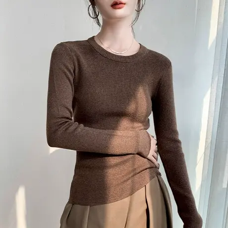 圆领简约羊毛长袖针织衫女2023冬季新款保暖纯色修身减龄正肩上衣商品大图