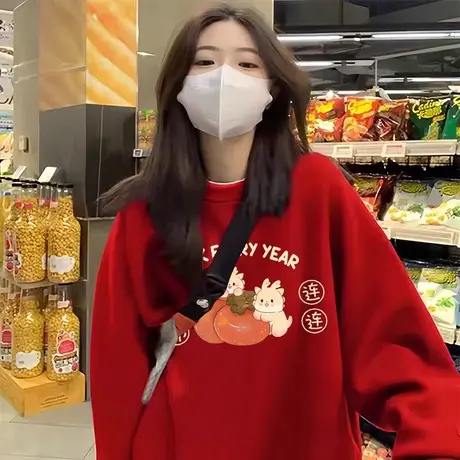 国风喜庆套头卫衣大码胖mm宽松加绒上衣ins潮冬季保暖亲子装外套商品大图