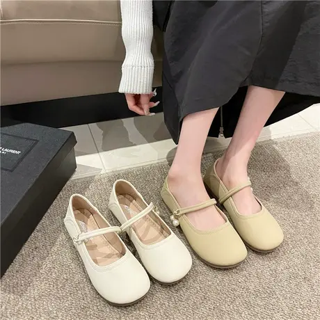 奶奶鞋女秋平底2024新款浅口软底一脚蹬白色豆豆鞋配裙鞋复古单鞋图片