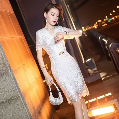 2023新款短款高端包臀宴会气质高贵优雅白色名媛主持晚礼服连衣裙图片