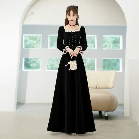 晚礼服女2023新款法式长袖气质宴会黑色丝绒高级感年会冬季连衣裙图片
