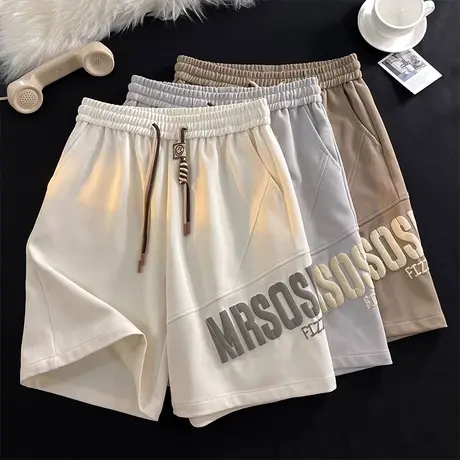 复古抽绳国潮发泡印花休闲短裤男潮流2023新款夏季薄款运动五分裤商品大图