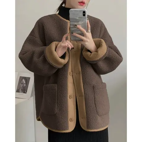 唐狮美拉德外套女小个子2023秋冬季新款加绒加厚仿羊羔绒毛毛上衣图片