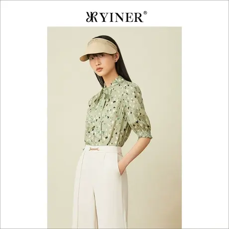 YINER音儿女装2022夏季新款爱心印花灯笼袖蚕丝衬衫图片