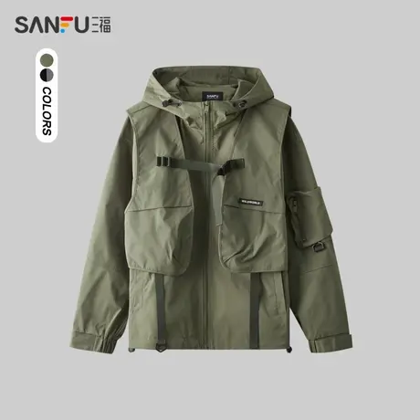 三福2024春季男士潮流机能飘带夹克 连帽外套马甲真两件482484商品大图