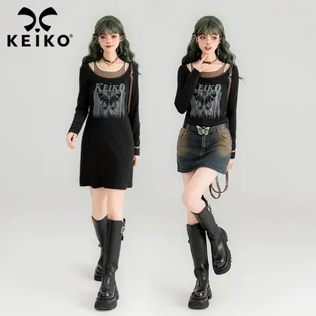 KEIKO 复古蝴蝶印花黑色连衣裙24春夏御姐风性感露肩假两件包臀裙商品大图