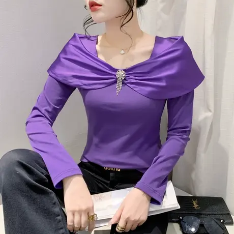 时尚方领镂空T恤女长袖欧货女装别致蝴蝶结上衣洋气修身百搭小衫商品大图