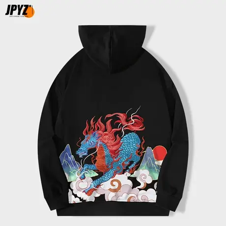 连帽卫衣男2022秋冬帽衫oversize国潮水麒麟重工刺绣潮流宽松上衣商品大图