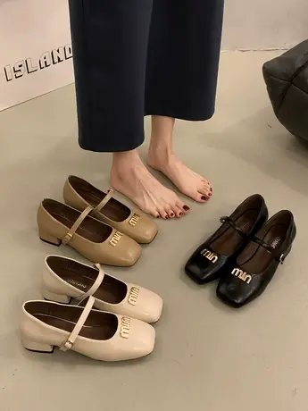 法式晚风通勤女士浅口单鞋女2024新款春秋气质圆头粗跟玛丽珍鞋子商品大图