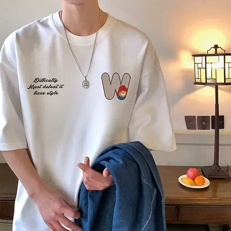 短袖t恤男夏季2024新款简约潮流圆领半袖港风宽松男生体恤上衣服图片