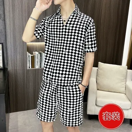 夏季宽松休闲男T恤潮流衬衫领短袖搭配黑白棋盘格短裤帅气一套装商品大图