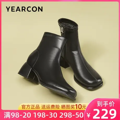 意尔康女靴2023秋冬季新款小短靴女粗跟高跟法式靴子短筒单靴时装图片