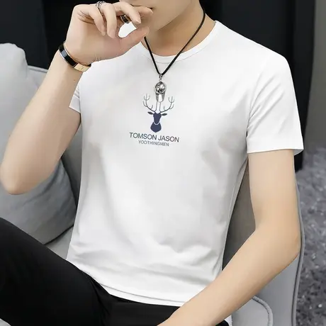 莫代尔短袖t恤男夏季上衣服鹿头印花潮流冰丝冰感半袖白色打底衫图片