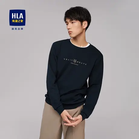 HLA/海澜之家罗纹圆领长袖T恤舒适有型时尚纯色印花弹力上衣男商品大图