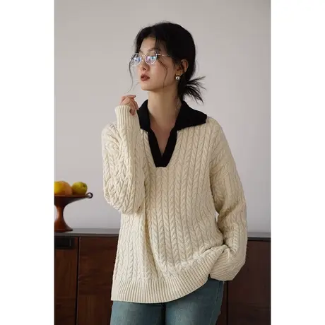 嘉茱莉2023秋季新款羊毛针织衫女撞色V领套头上衣中长款宽松毛衣商品大图