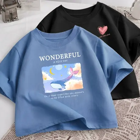 夏季短款短袖t恤女2023新款小个子半袖体恤宽松纯棉高腰夏款上衣商品大图