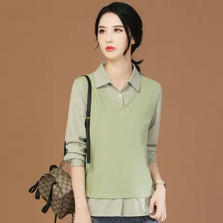 韩潮袭人拼接假两件套头女士卫衣秋装2023新款条纹衬衫领衬衣上衣图片