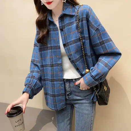 拼色格子衬衫女时尚磨毛上衣2023年新款春秋韩版百搭衬衣外套宽松图片