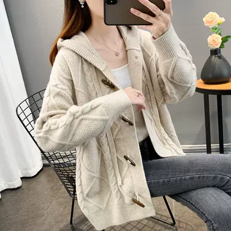 秋装2023年新款爆款女装连帽女士毛衣女开衫宽松针织上衣女外套图片