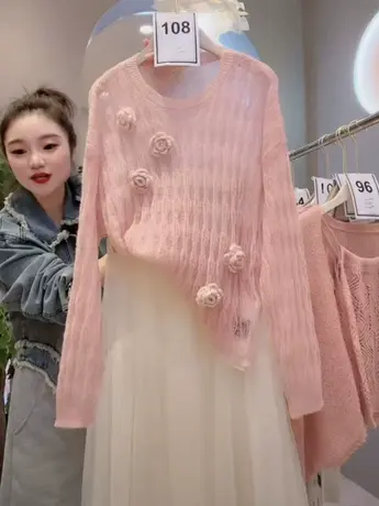 2023春夏新款慵懒风少女感立体花朵薄款减龄针织衫百搭上衣防晒衫图片