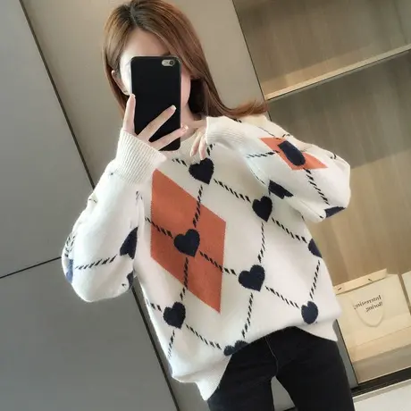 秋冬季新款圆领套头毛衣女装宽松上衣秋季慵懒风针织衫洋气外穿图片