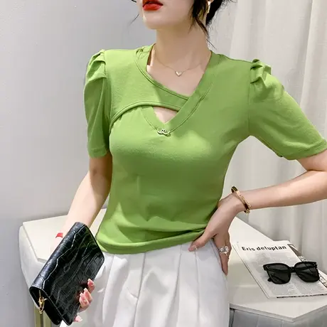 性感镂空V领T恤女短袖2023夏季新款气质泡泡袖上衣纯色百搭小衫潮商品大图