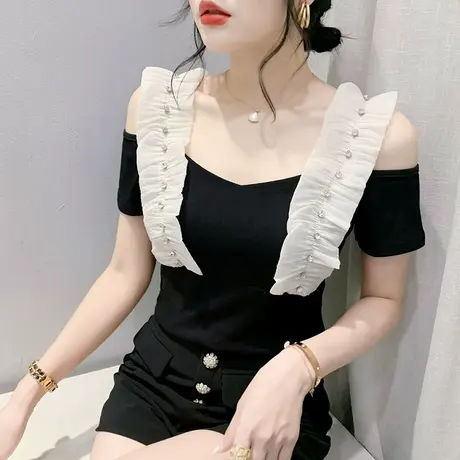 性感一字领短袖T恤女2023夏新款网纱拼接木耳边上衣镂空露肩小衫商品大图