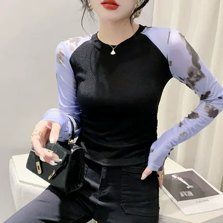 网纱拼接T恤女长袖秋季2023新款时尚漂亮印花上衣内搭圆领打底衫商品大图