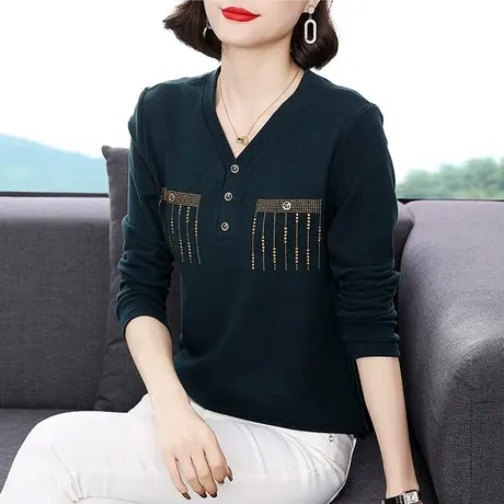 秋季2023新款时尚女T恤V领长袖宽松上衣女中年大码妈妈装气质小衫图片