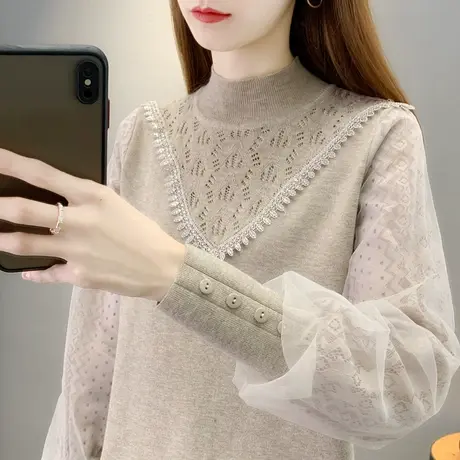 秋装2023年蕾丝拼接泡泡袖早春毛衣女爆款洋气内搭针织打底衫上衣商品大图